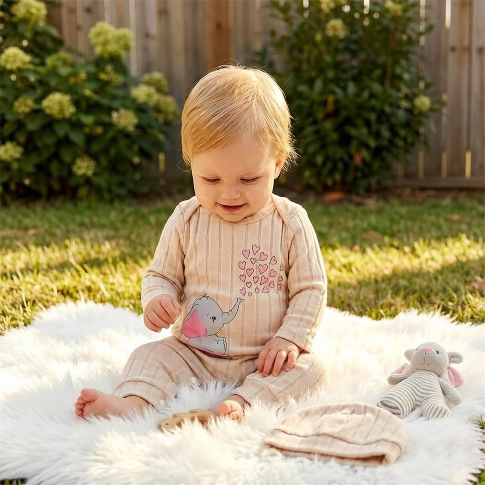 2PCS Lovely Elephant Print Long Sleeve Baby Jumpsuit