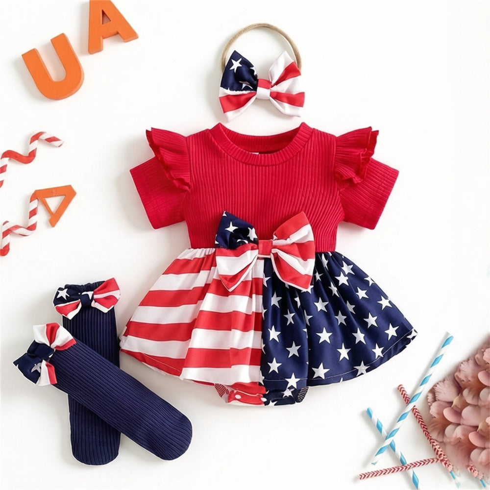 3PCS Star Stripe Printed Printed Ruffled Short Sleeve Baby Romper