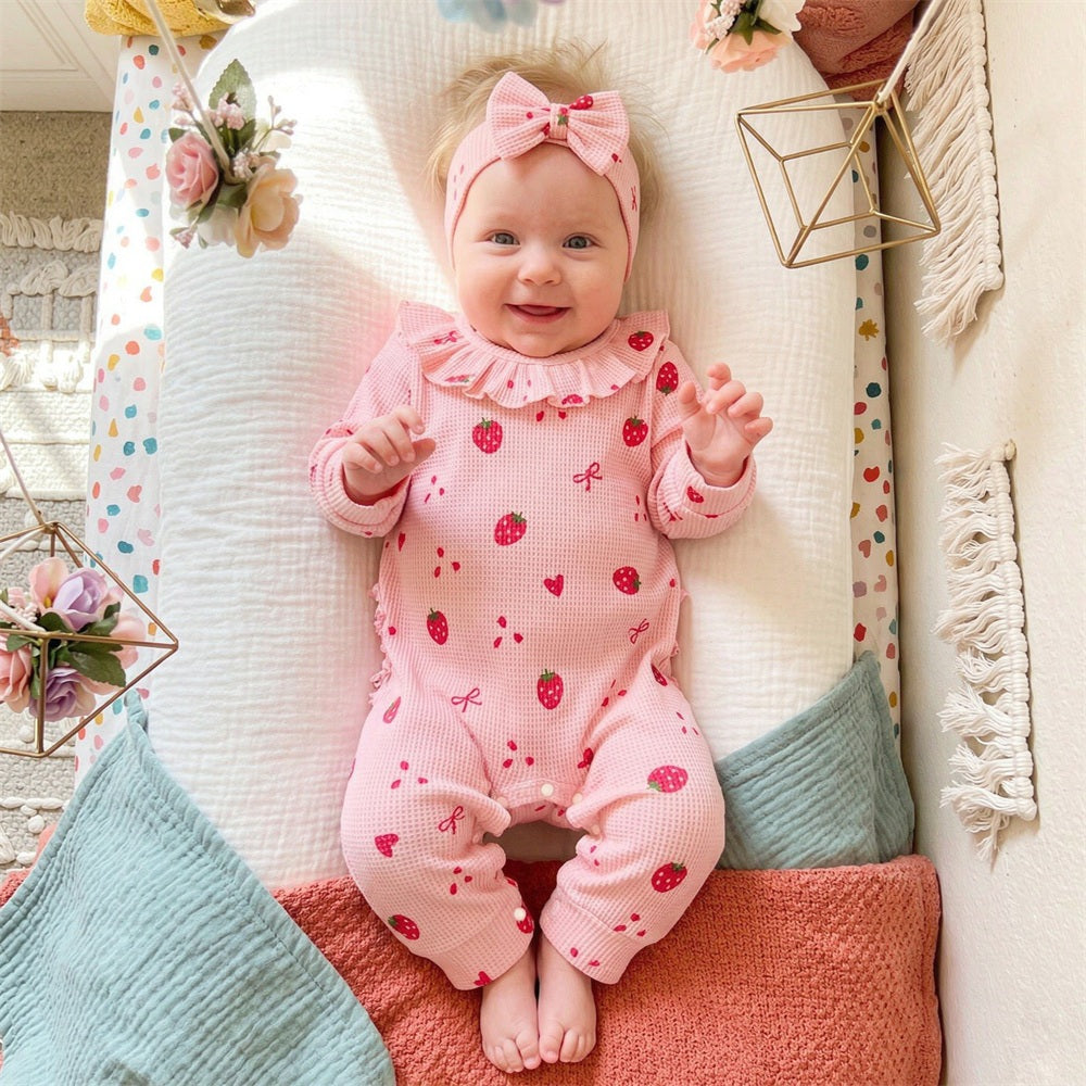 2PCS Pretty Strawberry Bow Printed Long Sleeve Baby Jumpsuit