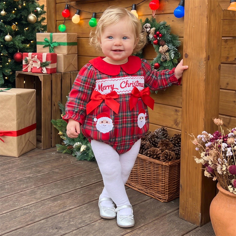 Merry Christmas Letter Santa Claus Embroidery Plaid Print Baby Romper