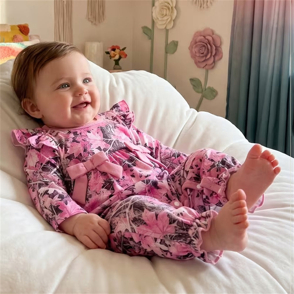 Exquisite Floral Print Ruffle Long Sleeve Baby Jumpsuit