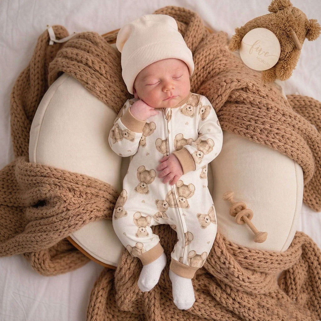 Lovely Teddy Bear Print Long Sleeve Zipper Baby Jumpsuit