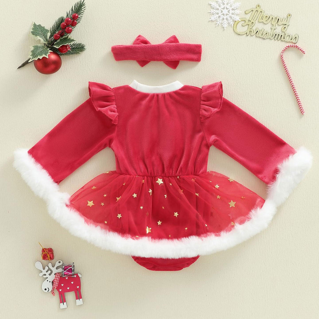2PCS Christmas Star Print Velvet Fuzzy Baby Romper
