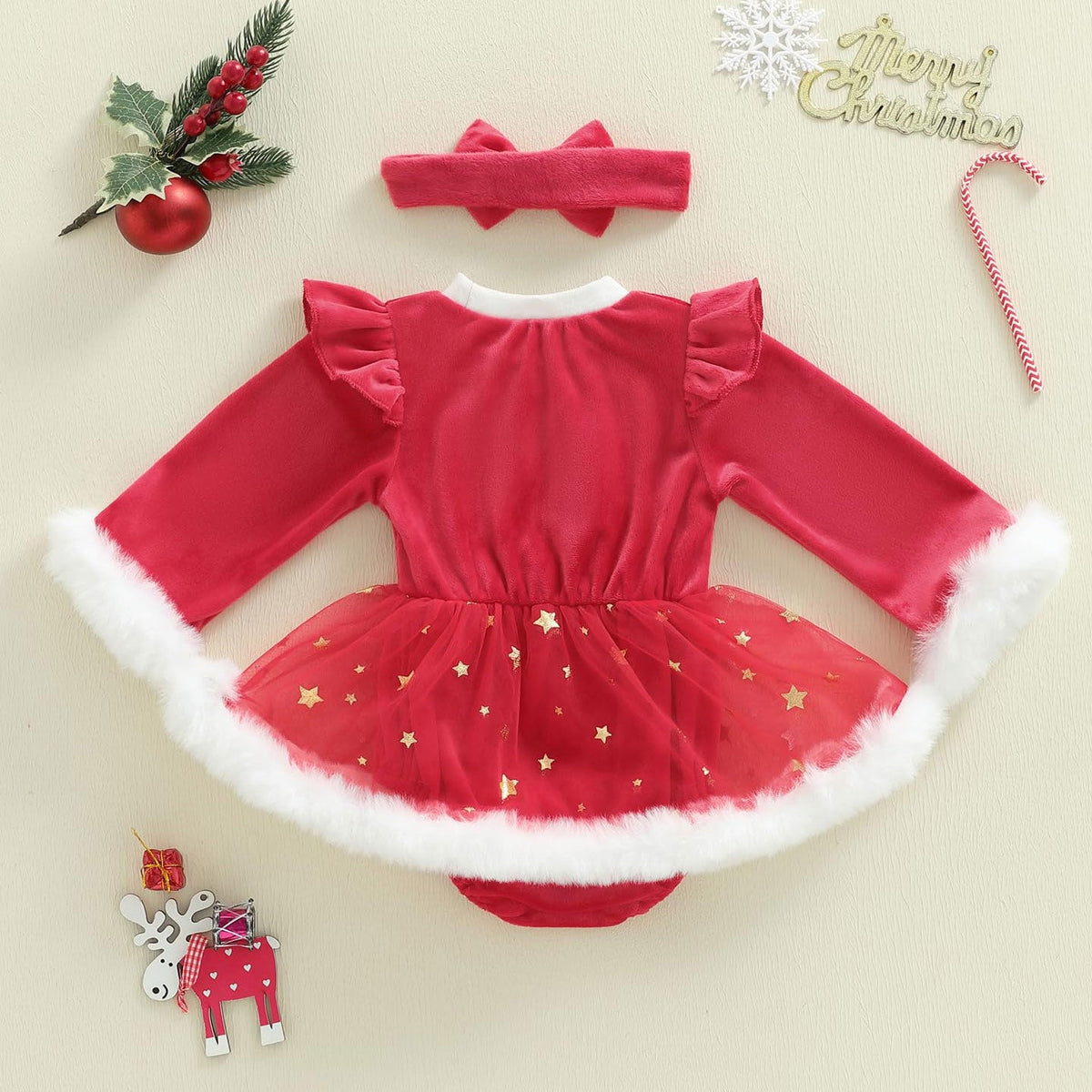 2PCS Christmas Star Print Velvet Fuzzy Baby Romper