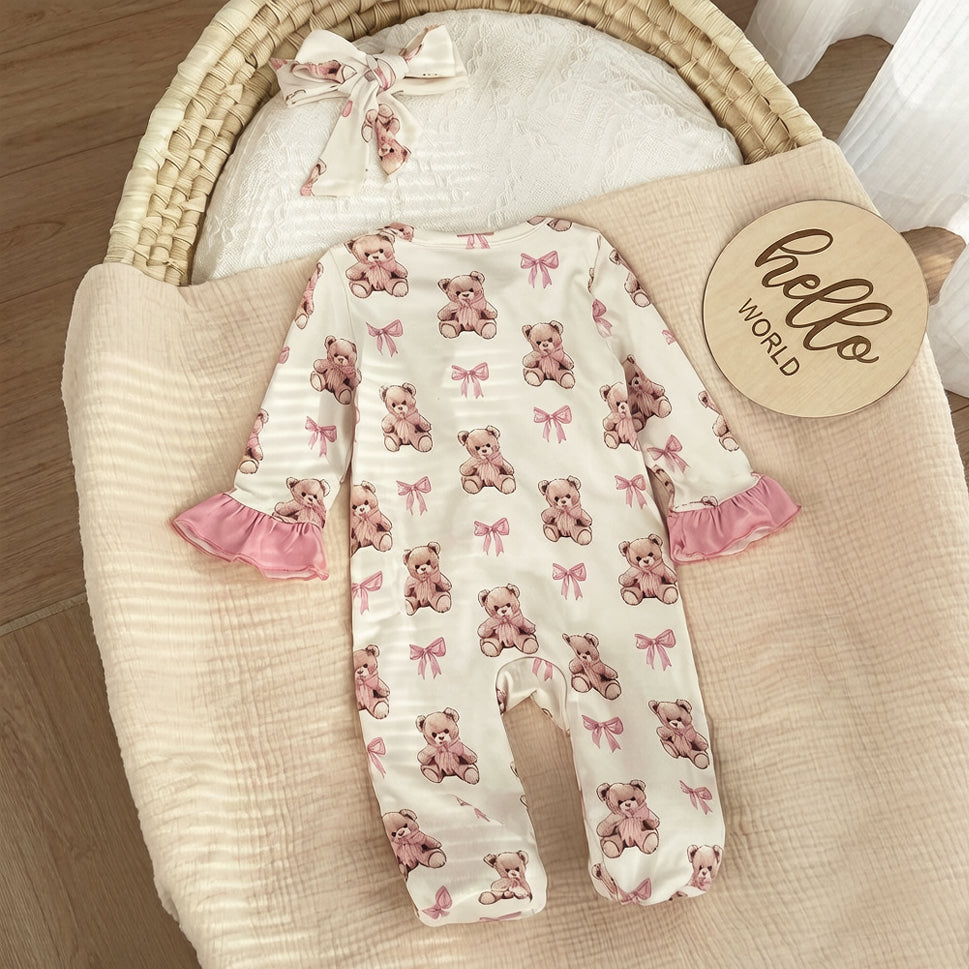 2PCS Gorgeous Bear Print Ruffle Zipper Baby Jumpsuit