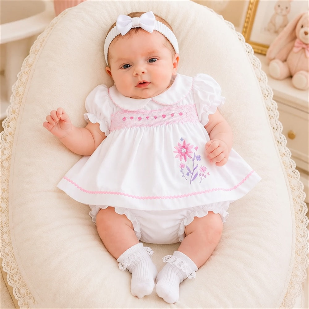 2PCS Gorgeous Short Sleeve Floral Embroidery Baby Romper