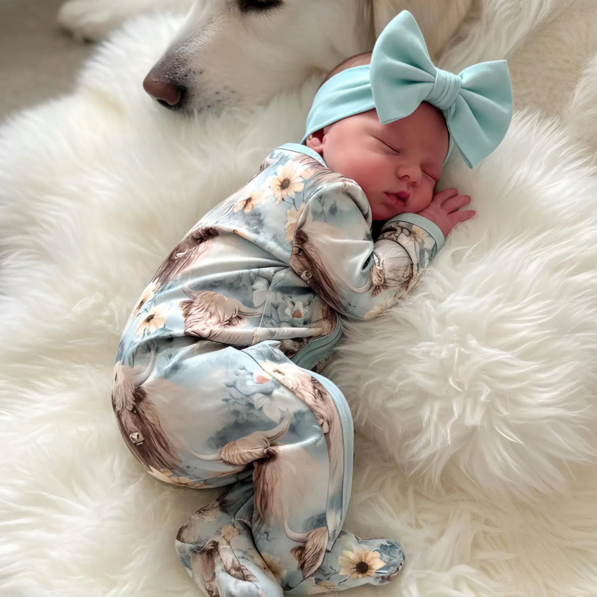 Western Highland Cow Floral Print Zipper Long Sleeve Baby Jumpsuit