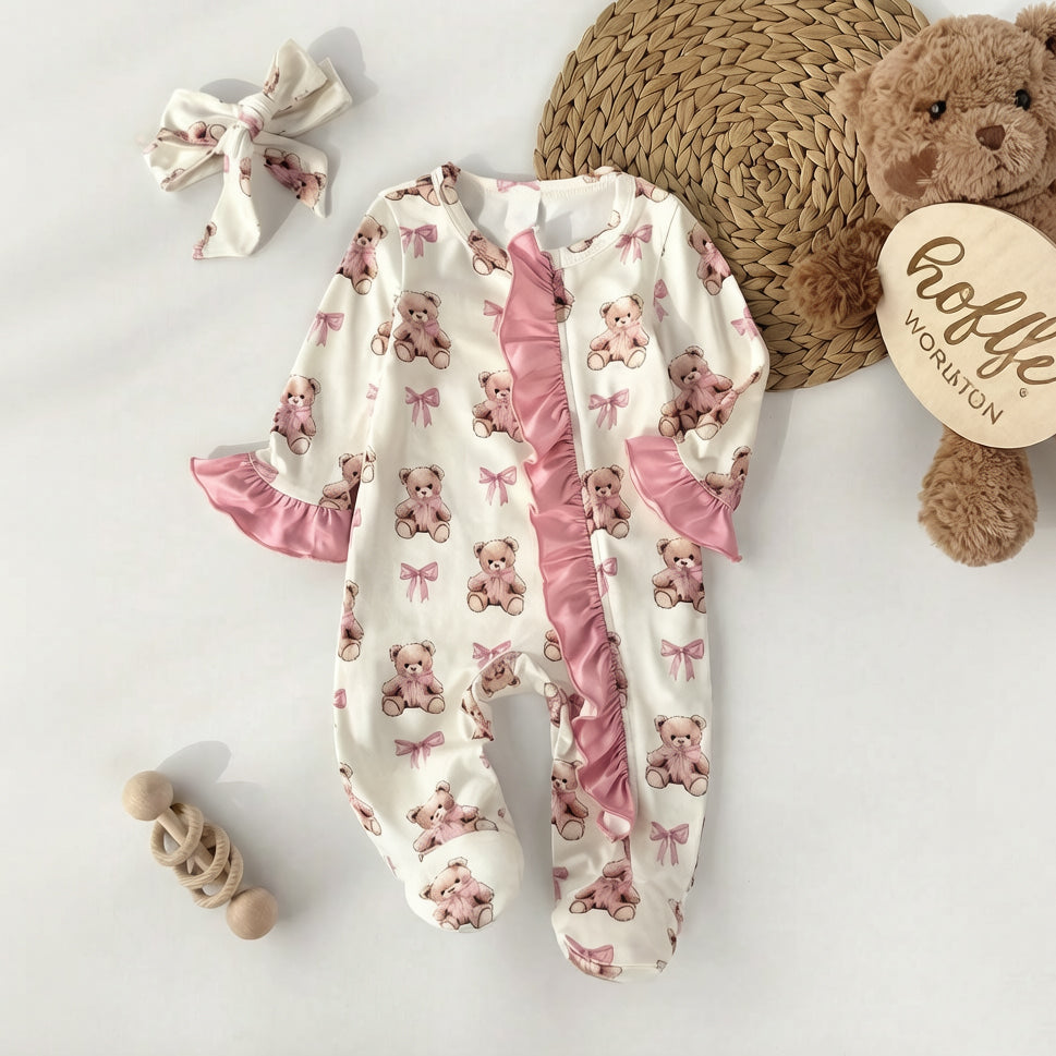2PCS Gorgeous Bear Print Ruffle Zipper Baby Jumpsuit