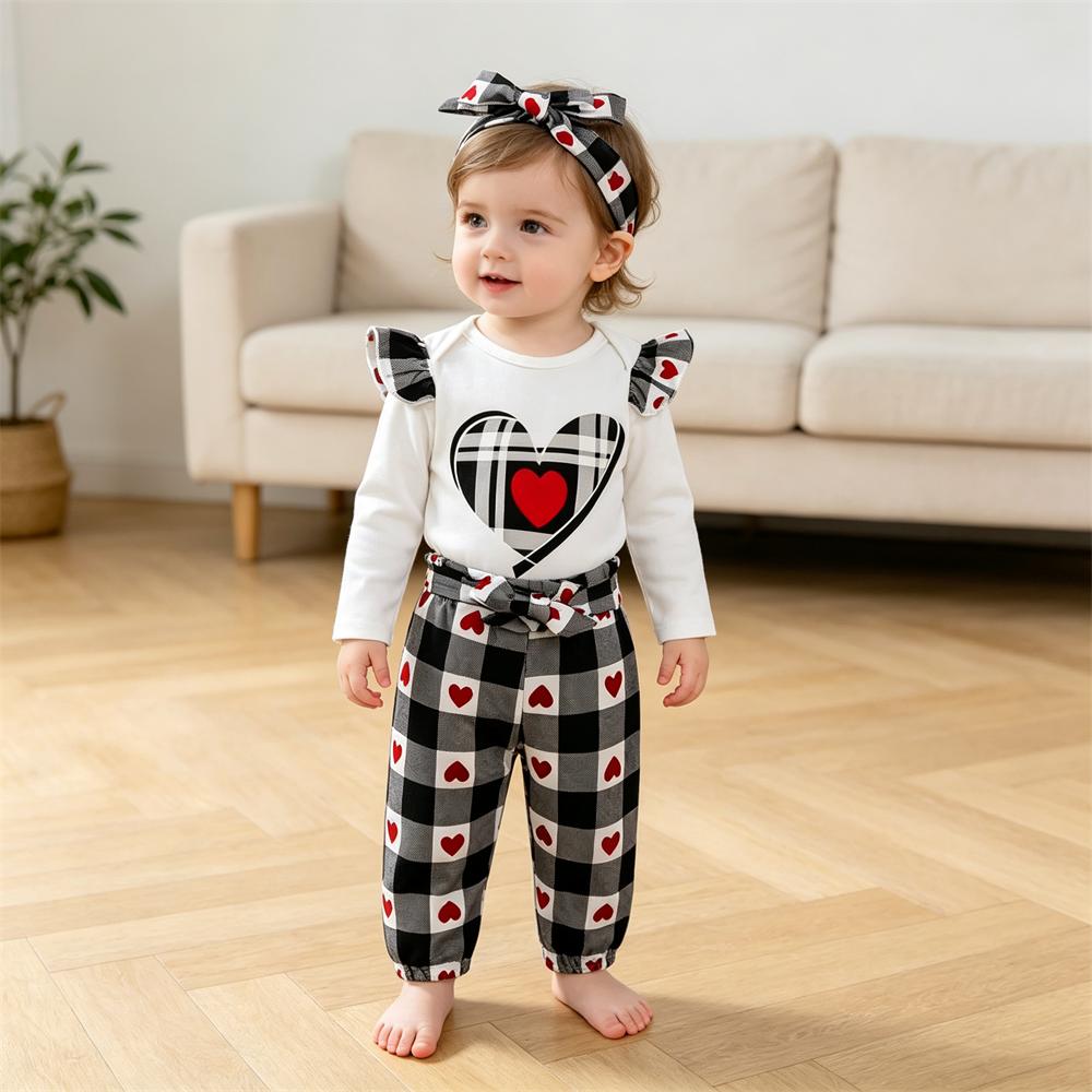 3PCS Plaid Heart Print Long Sleeve Baby Set