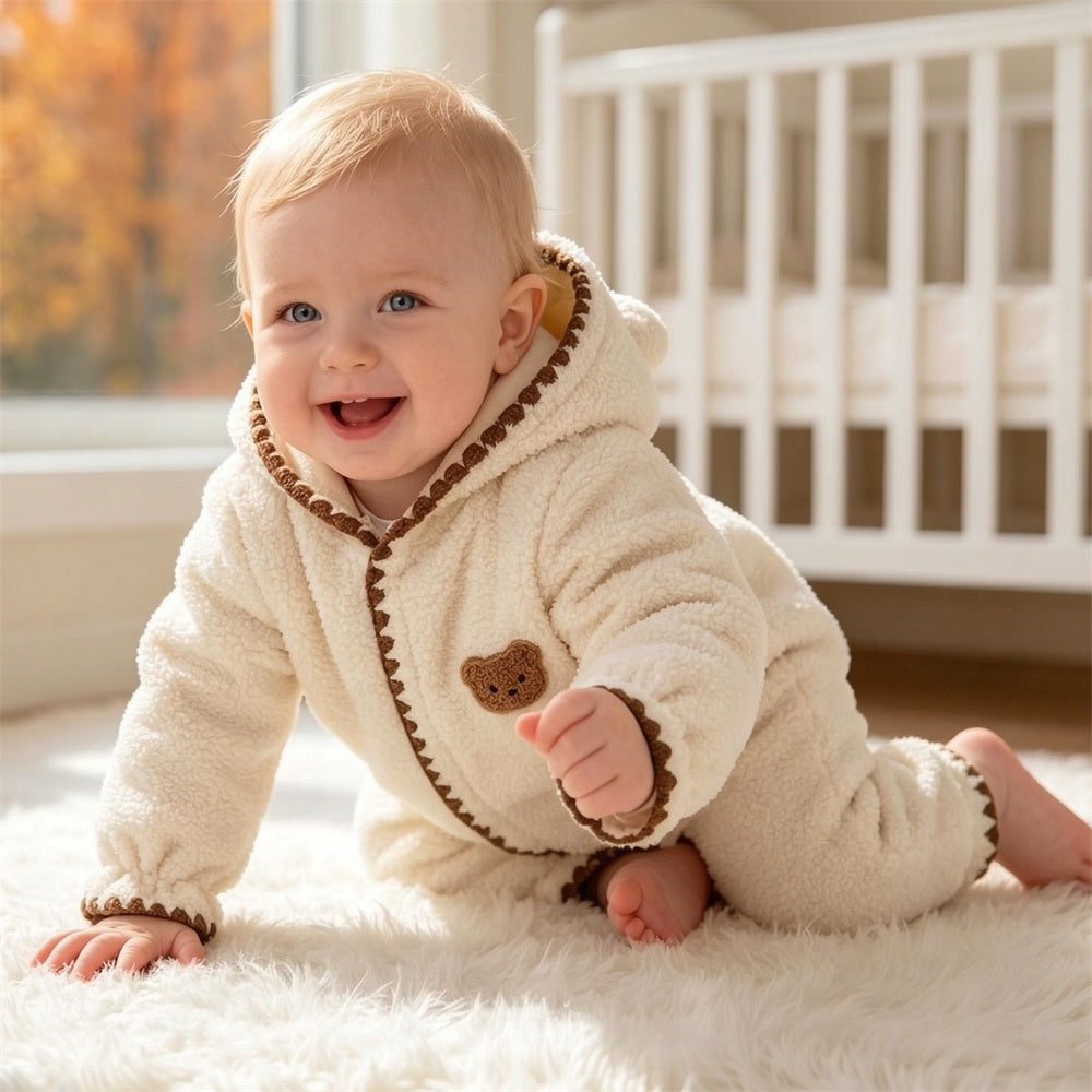 Lovely Fuzzy 3D Bear Applique Long Sleeve Baby Jumpsuit