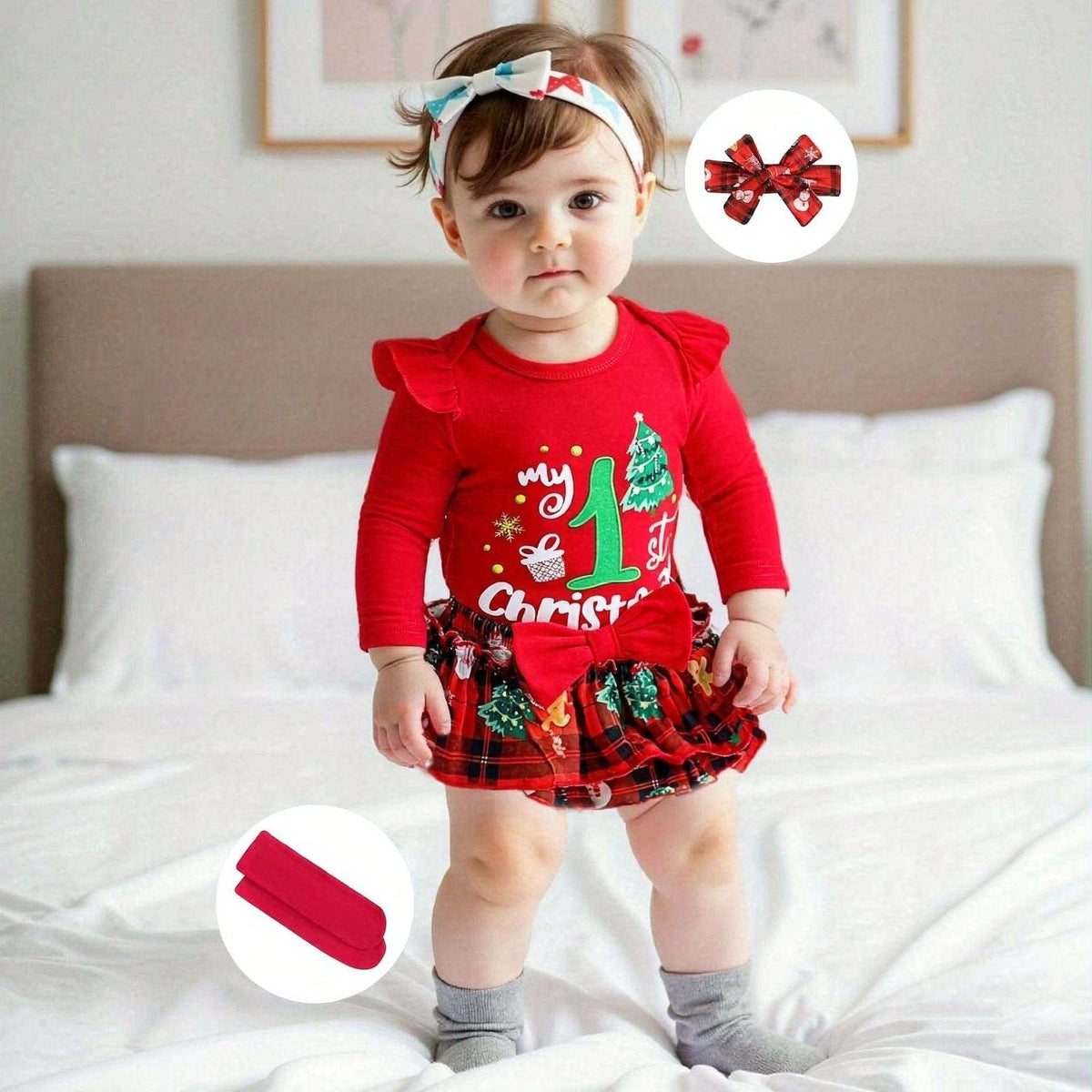 4PCS My 1st Christmas Letter Plaid Printed Long Sleeve Baby Set
