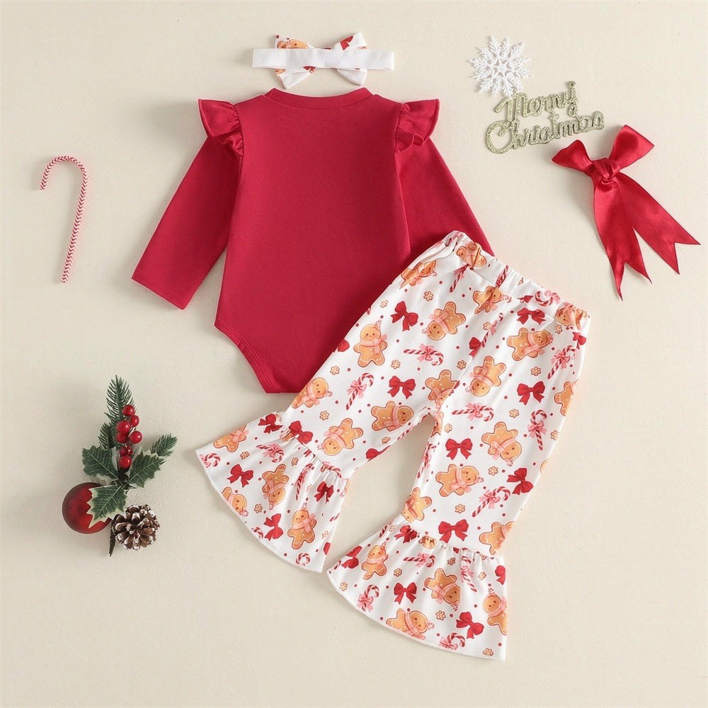 3PCS My First Christmas Letter Print Gingerbread Appliqué Baby Girl Set