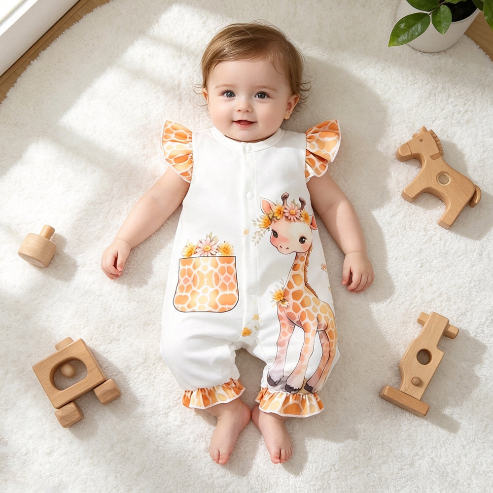 Cartoon Giraffe Printed Sleeveless Baby Jumpsuit