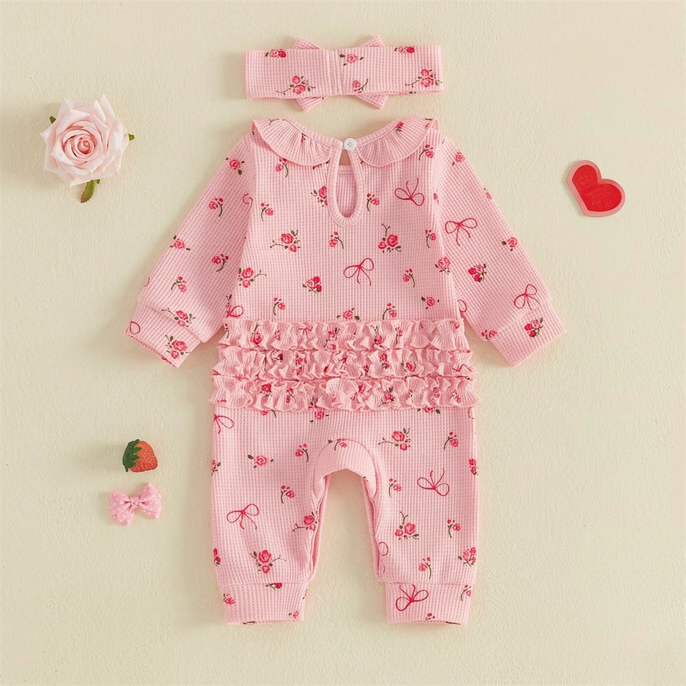 2PCS Sweet Floral Bow Printed Long Sleeve Baby Jumpsuit