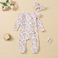 2PCS Pretty Floral Printed Ruffle Decor Long Sleeve Baby Jumpsuit