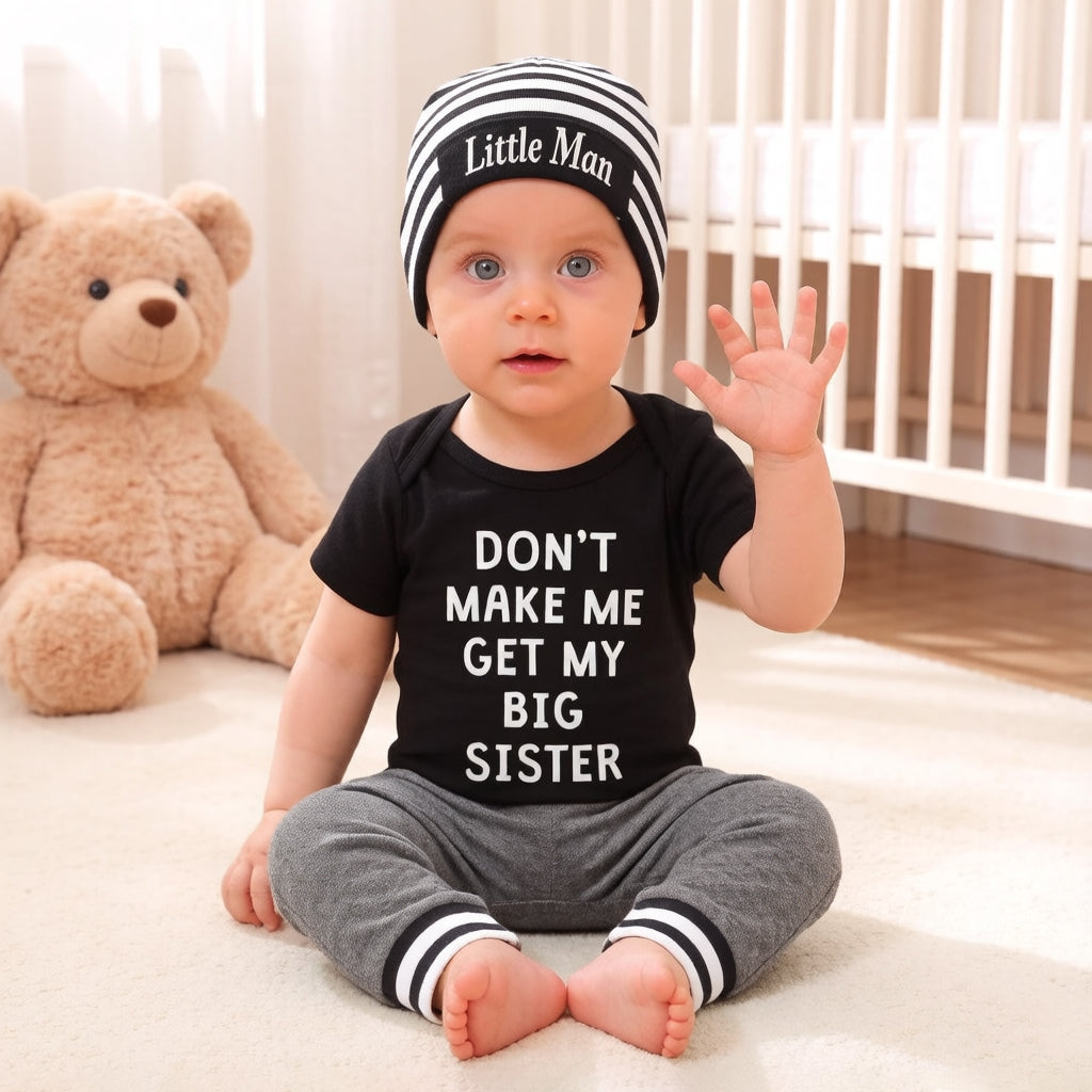 3PCS Don't Make Me Get My Big Sister Letter Stripe Printed Short Sleeve Baby Set