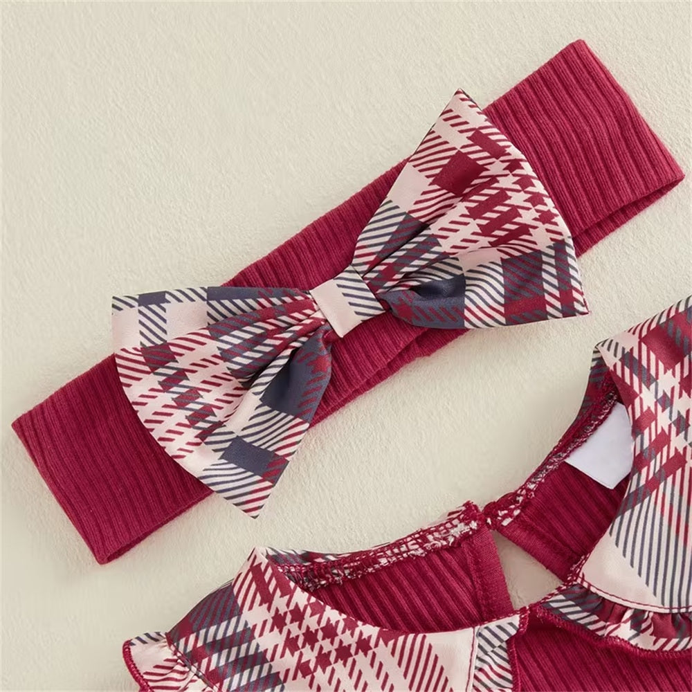 4PCS Adorable Plaid Print Long Sleeve Baby Girl Set