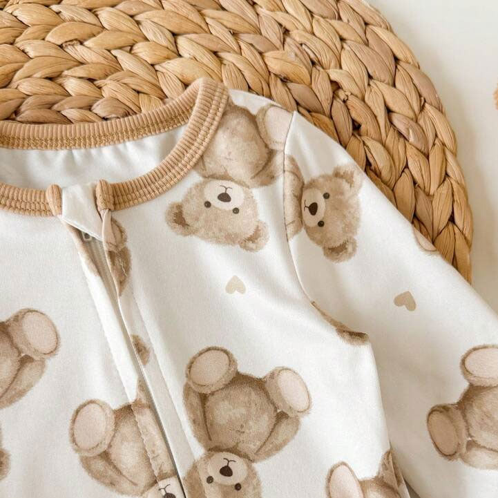 Lovely Teddy Bear Print Long Sleeve Zipper Baby Jumpsuit
