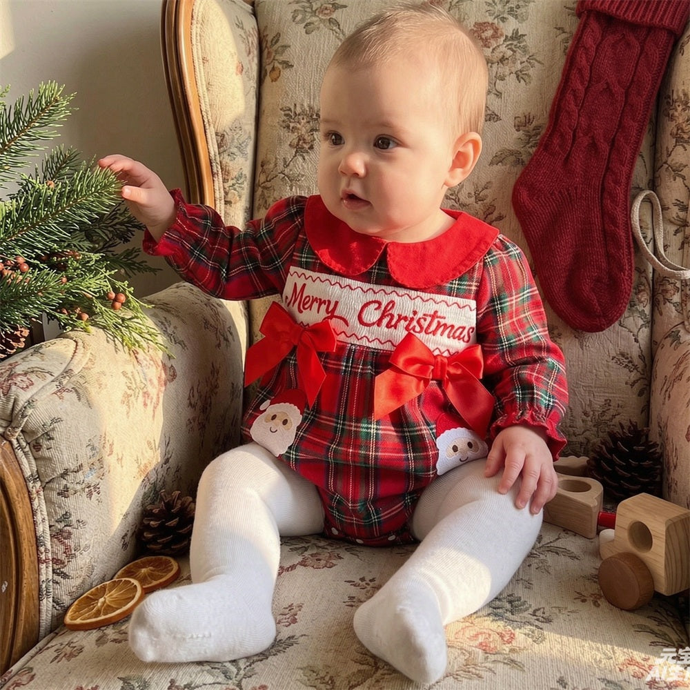 Merry Christmas Letter Santa Claus Embroidery Plaid Print Baby Romper