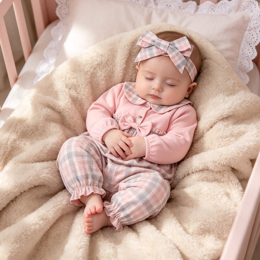 2PCS Sweet Plaid Printed Bow Decoration Long Sleeve Baby Jumpsuit