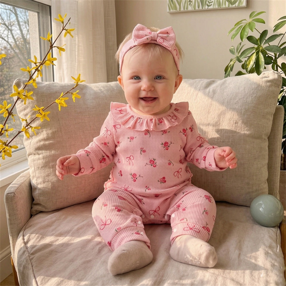 2PCS Sweet Floral Bow Printed Long Sleeve Baby Jumpsuit