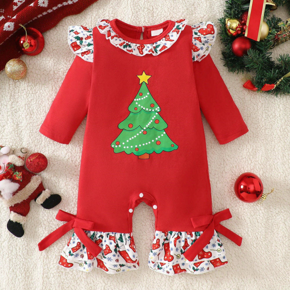 Sweet Xmas Tree Print Ruffle Long Sleeve Holiday Girl Jumpsuit