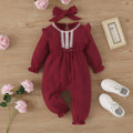 2PCS Sweet Solid Color Lace Trim Long Sleeve Baby Girl Jumpsuit