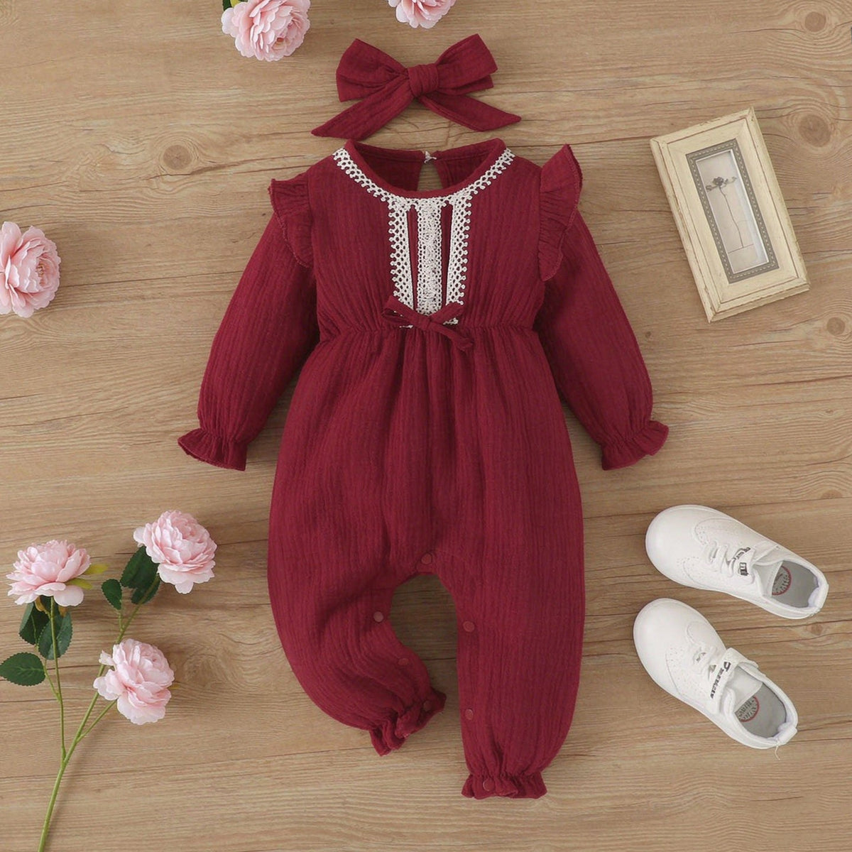 2PCS Sweet Solid Color Lace Trim Long Sleeve Baby Girl Jumpsuit