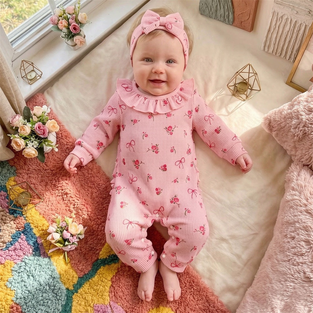 2PCS Sweet Floral Bow Printed Long Sleeve Baby Jumpsuit