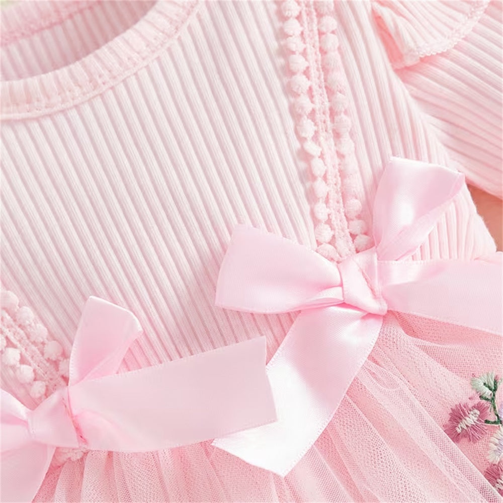 2PCS Delightful Floral Embroidery Mesh Long Sleeve Baby Romper