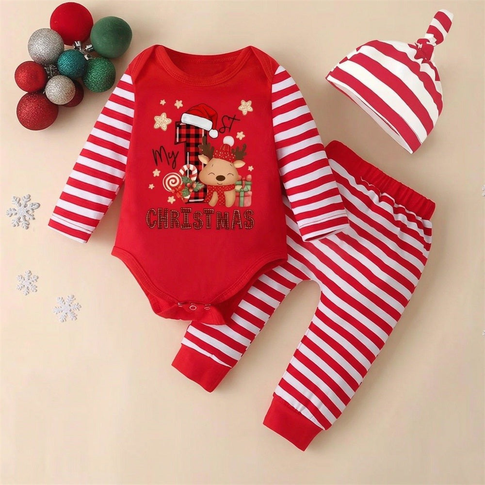 3PCS Lovely My 1st Christmas Letter Deer Stripe Print Baby Set