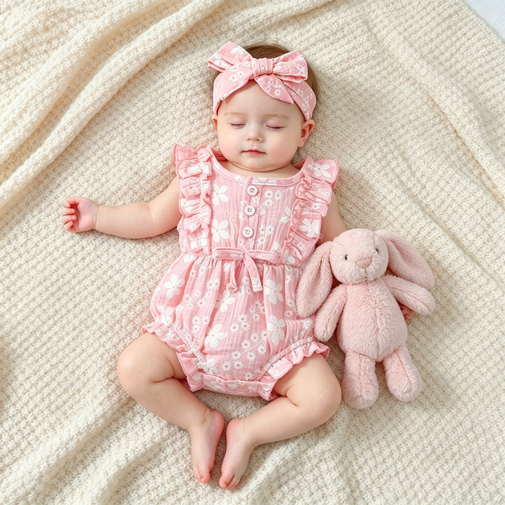 2PCS Summer Floral Printed Sleeveless Baby Romper