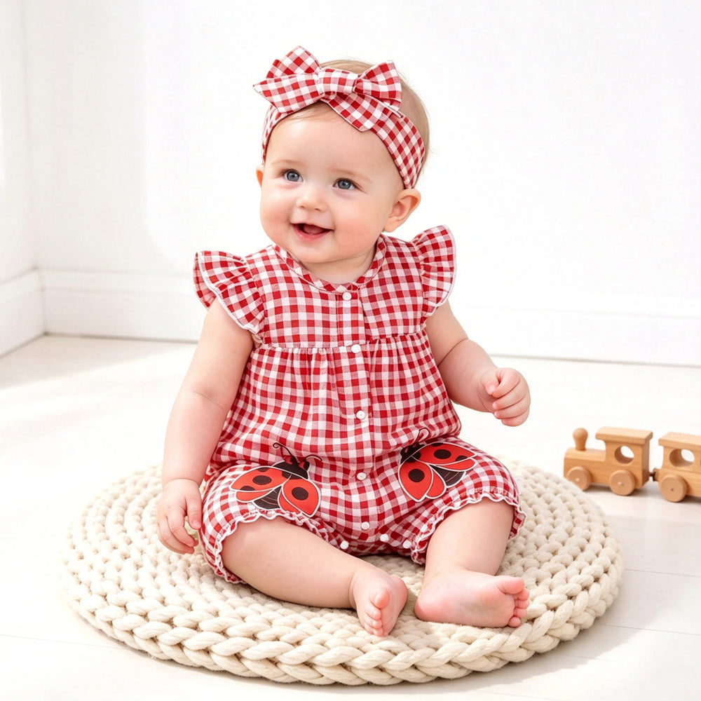 2PCS Lovely Plaid and Ladybug Printed Sleeveless Baby Jumpsuit