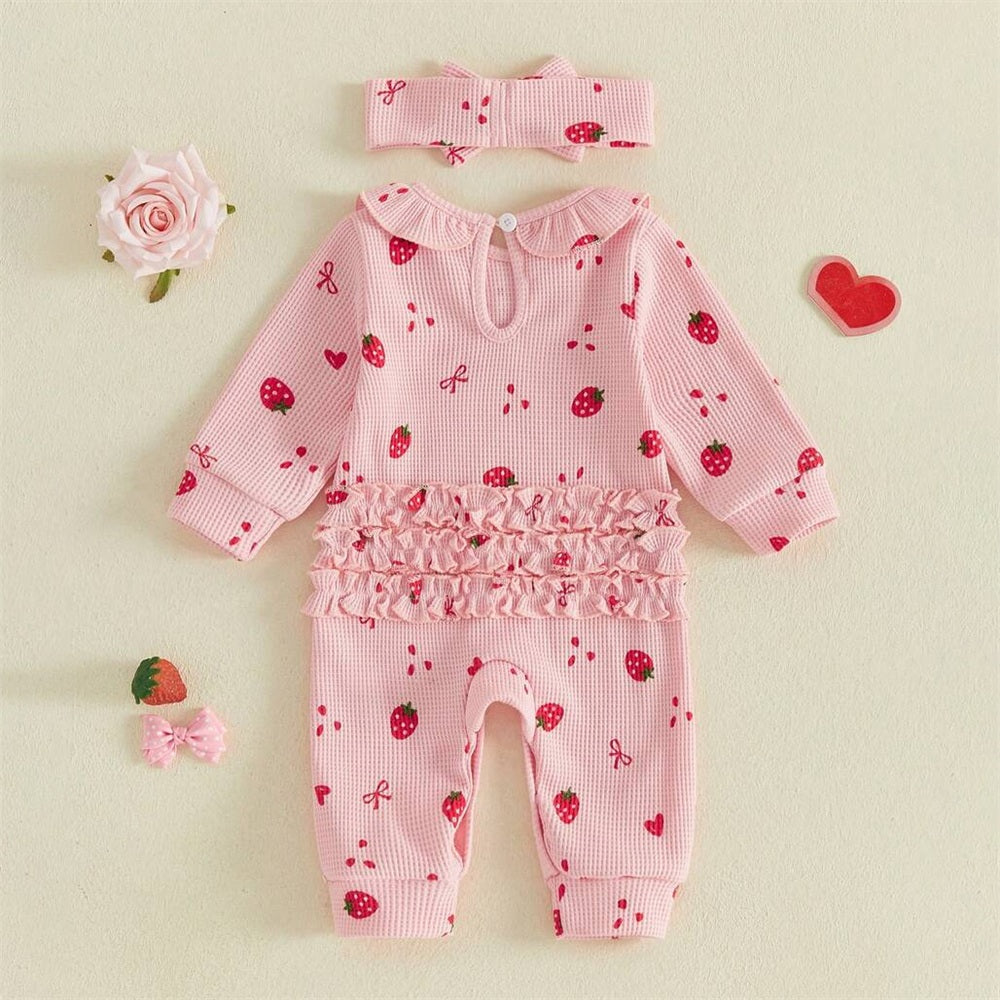 2PCS Pretty Strawberry Bow Printed Long Sleeve Baby Jumpsuit