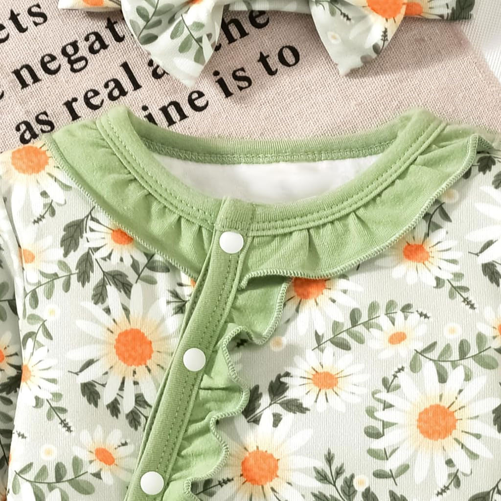 2PCS Cottagecore Daisy Print Ruffle Long Sleeve Baby Jumpsuit