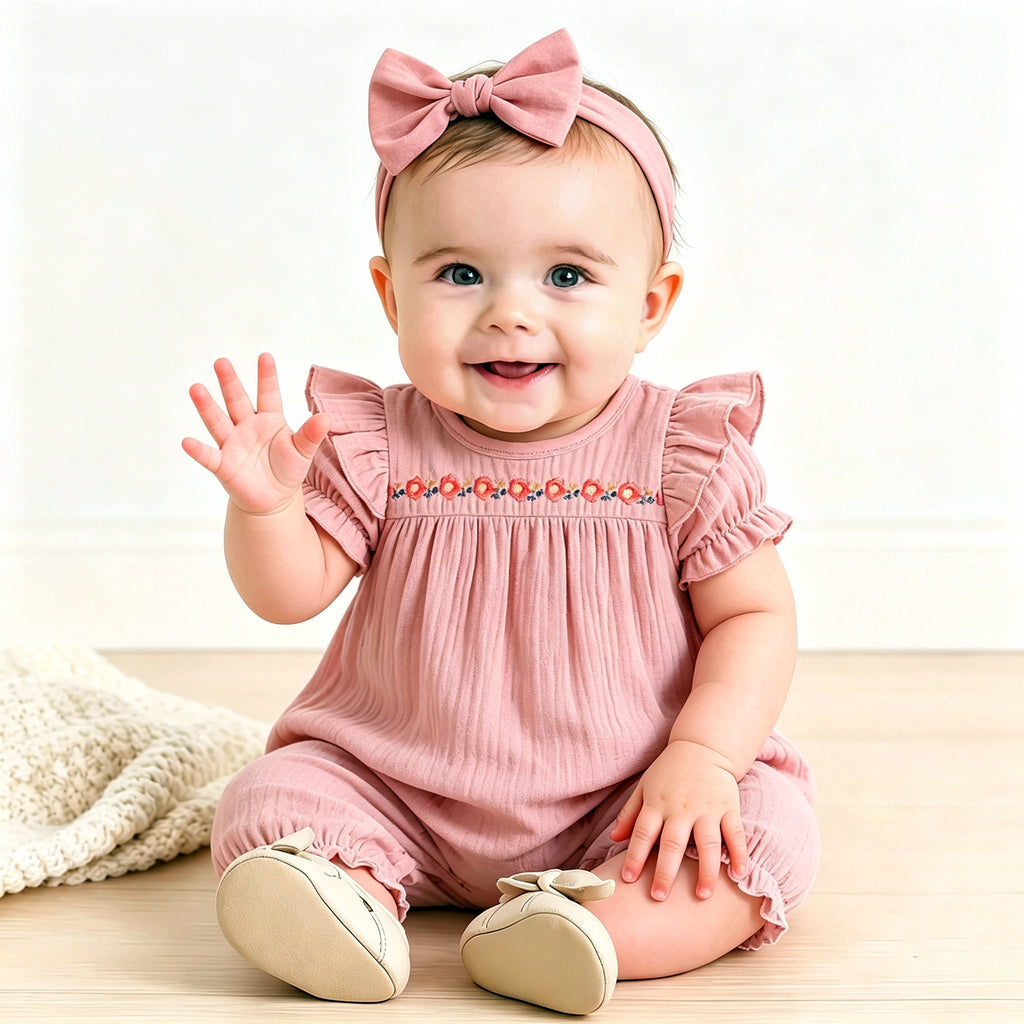 2PCS Pretty Solid Color Floral Embroidery Baby Jumpsuit
