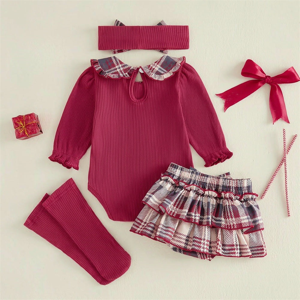 4PCS Adorable Plaid Print Long Sleeve Baby Girl Set