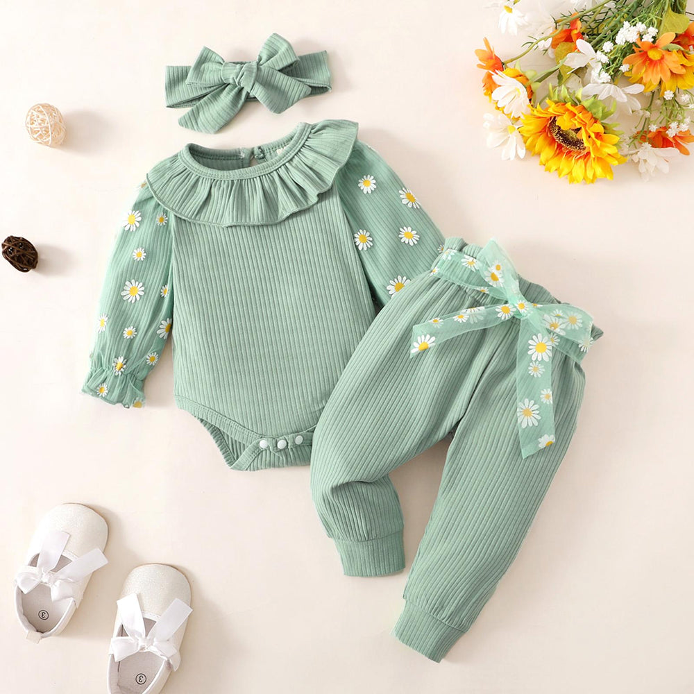 3PCS Pretty Daisy Print Tulle Long Sleeve Baby Girl Set