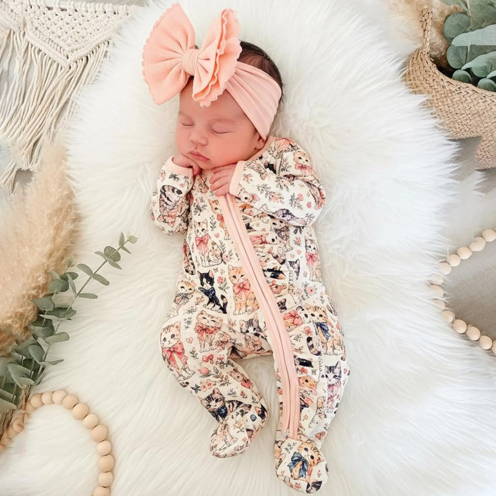 Lovely Cat and Floral Print Ruffle Zipper Long Sleeve Baby Girl Jumpsuit