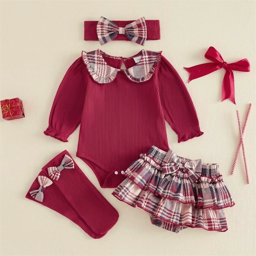 4PCS Adorable Plaid Print Long Sleeve Baby Girl Set