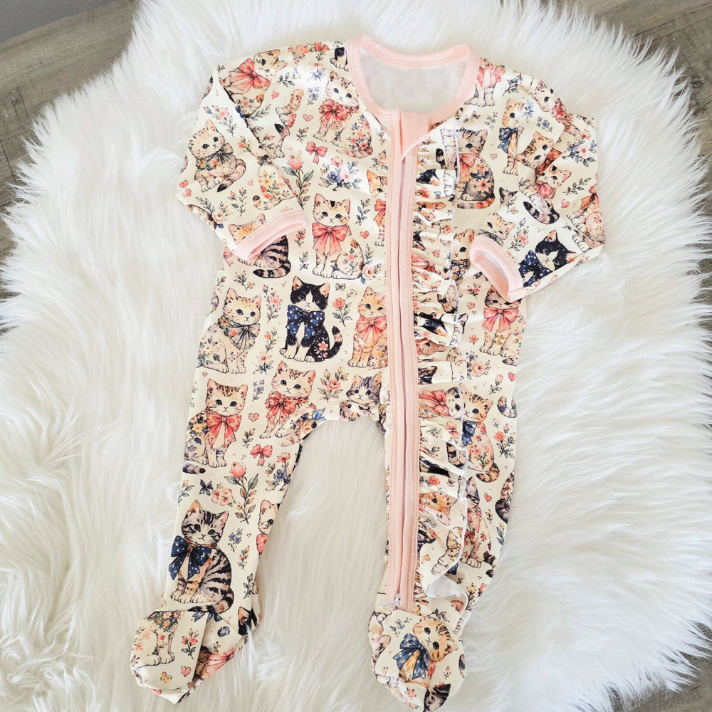Lovely Cat and Floral Print Ruffle Zipper Long Sleeve Baby Girl Jumpsuit