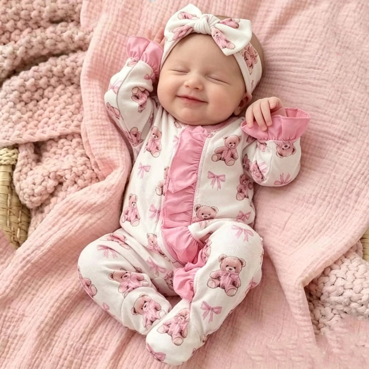 2PCS Gorgeous Bear Print Ruffle Zipper Baby Jumpsuit