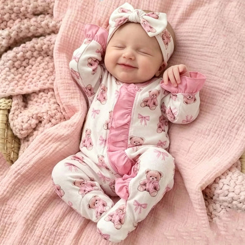 2PCS Gorgeous Bear Print Ruffle Zipper Baby Jumpsuit