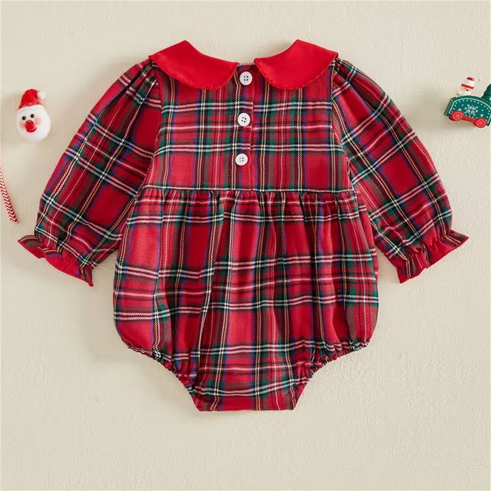Merry Christmas Letter Santa Claus Embroidery Plaid Print Baby Romper
