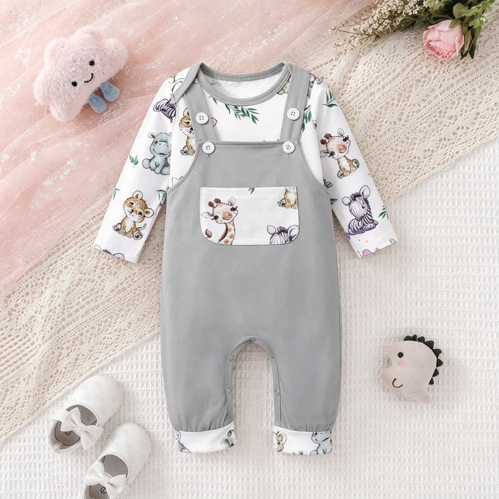 2PCS Cute Animal Printed Long Sleeve Overalls Baby Set
