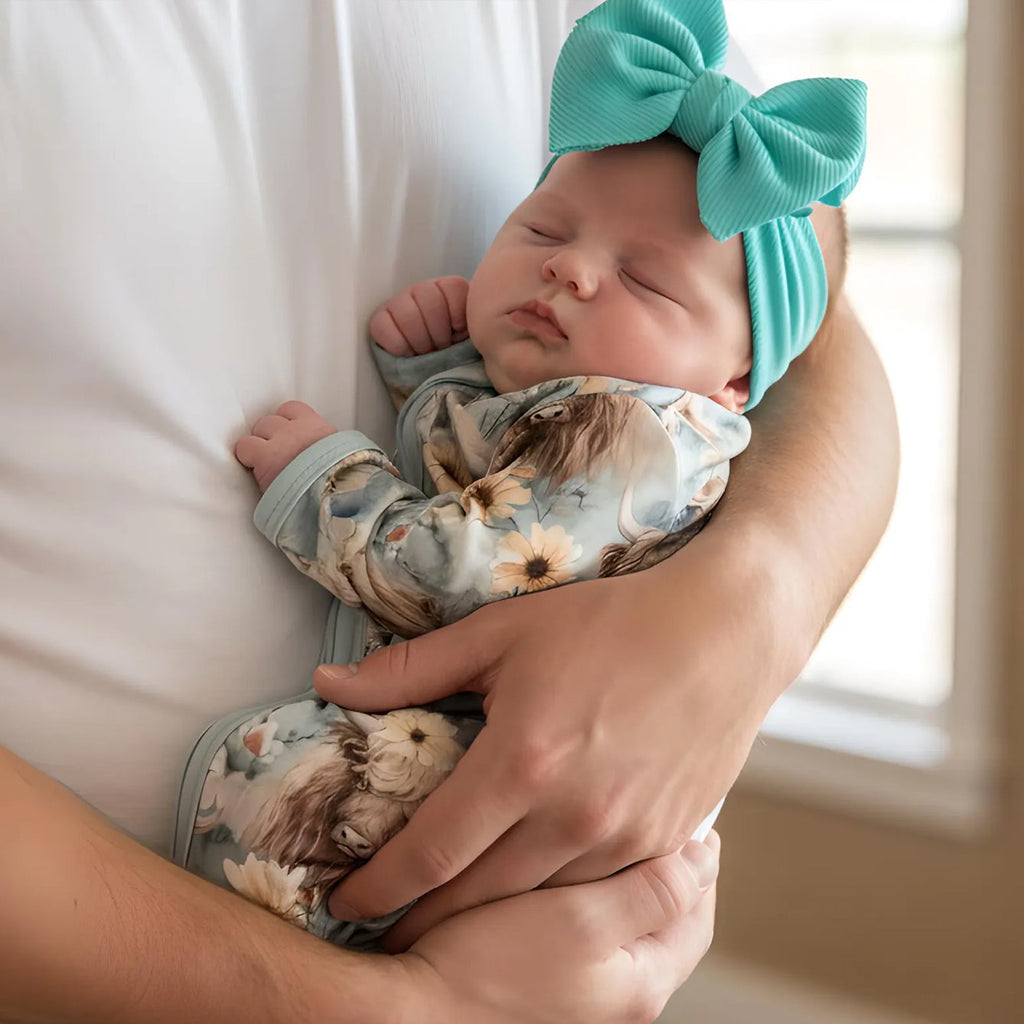 Western Highland Cow Floral Print Zipper Long Sleeve Baby Jumpsuit