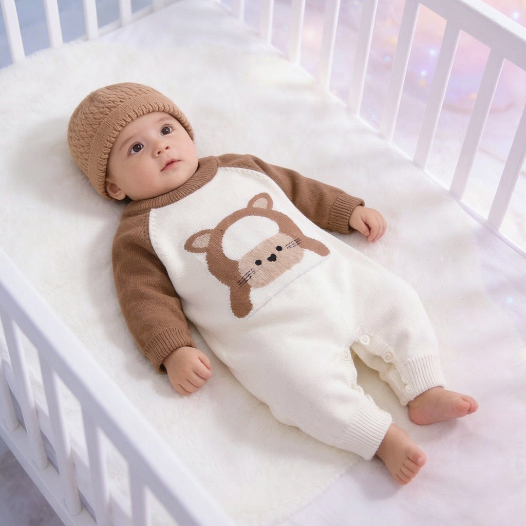 2PCS Cartoon Lamb Print Knit Long Sleeve Baby Jumpsuit