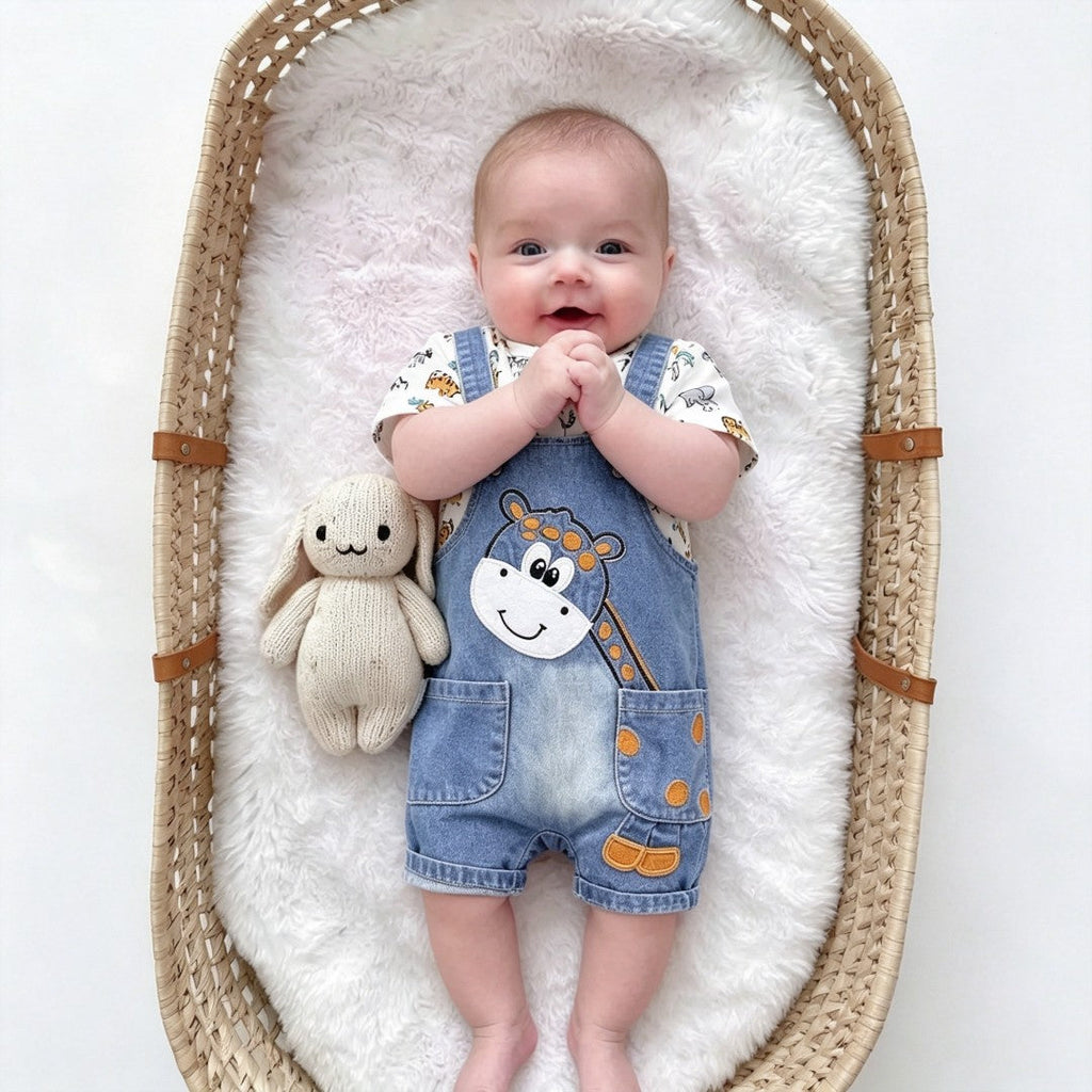 2PCS Cute Animal Printed Top And Embroidered Denim Overalls Baby Set