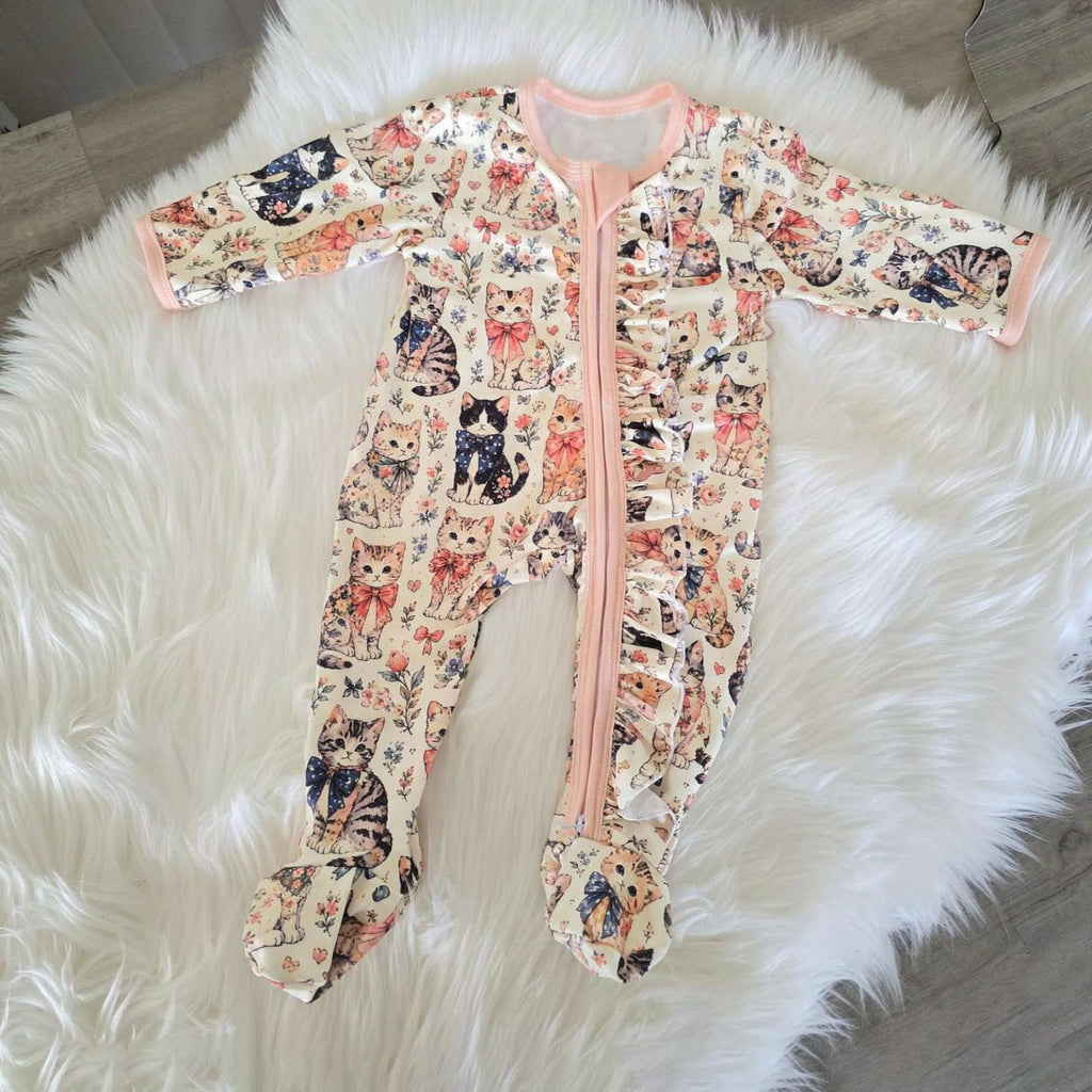 Lovely Cat and Floral Print Ruffle Zipper Long Sleeve Baby Girl Jumpsuit