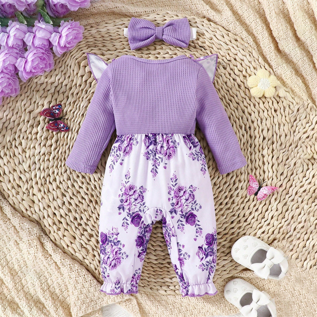 2PCS Elegant Floral Printed Bow Long Sleeve Baby Girl Jumpsuit